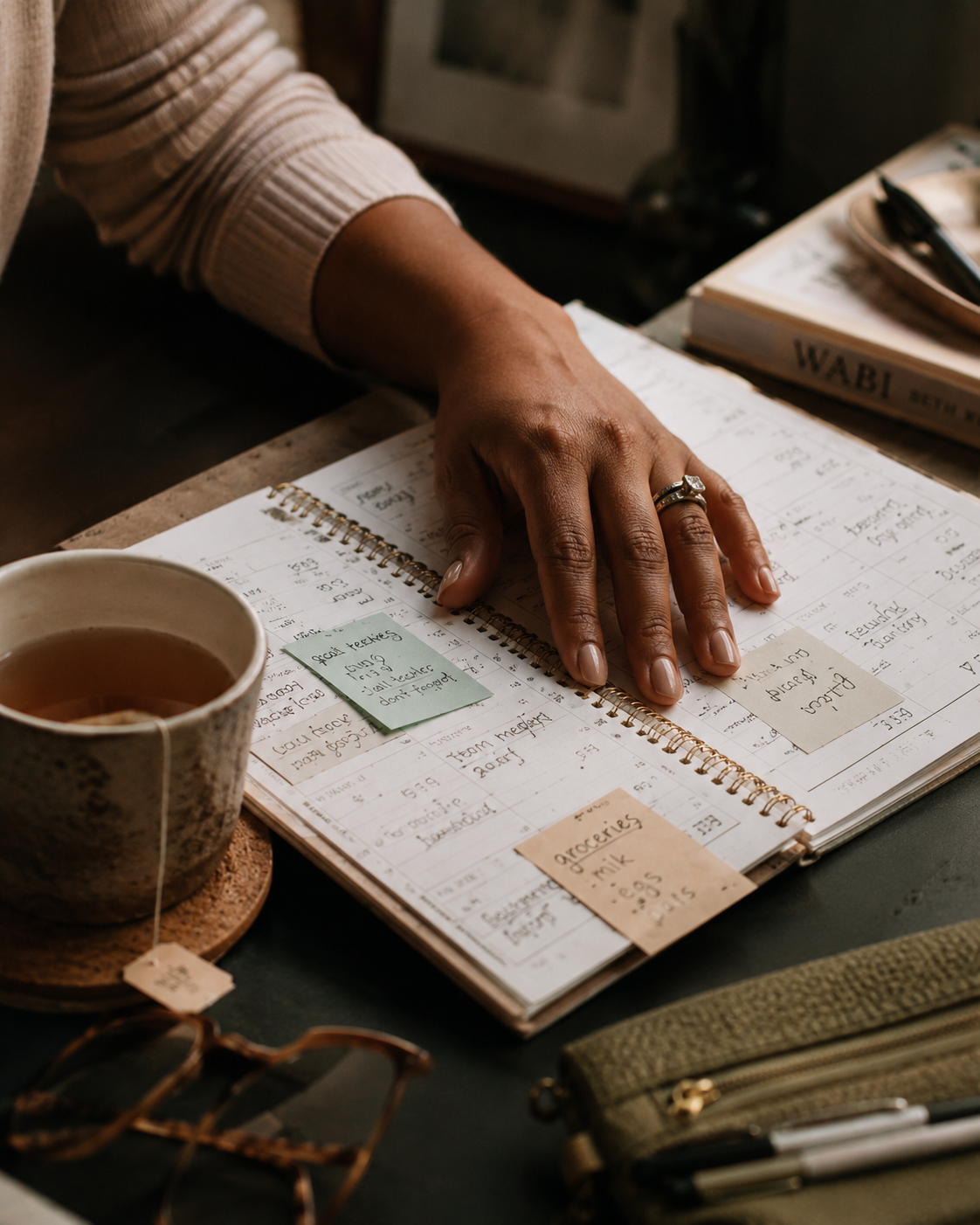 A handwritten planner crowded with reminders and sticky notes — the mental load on paper.
