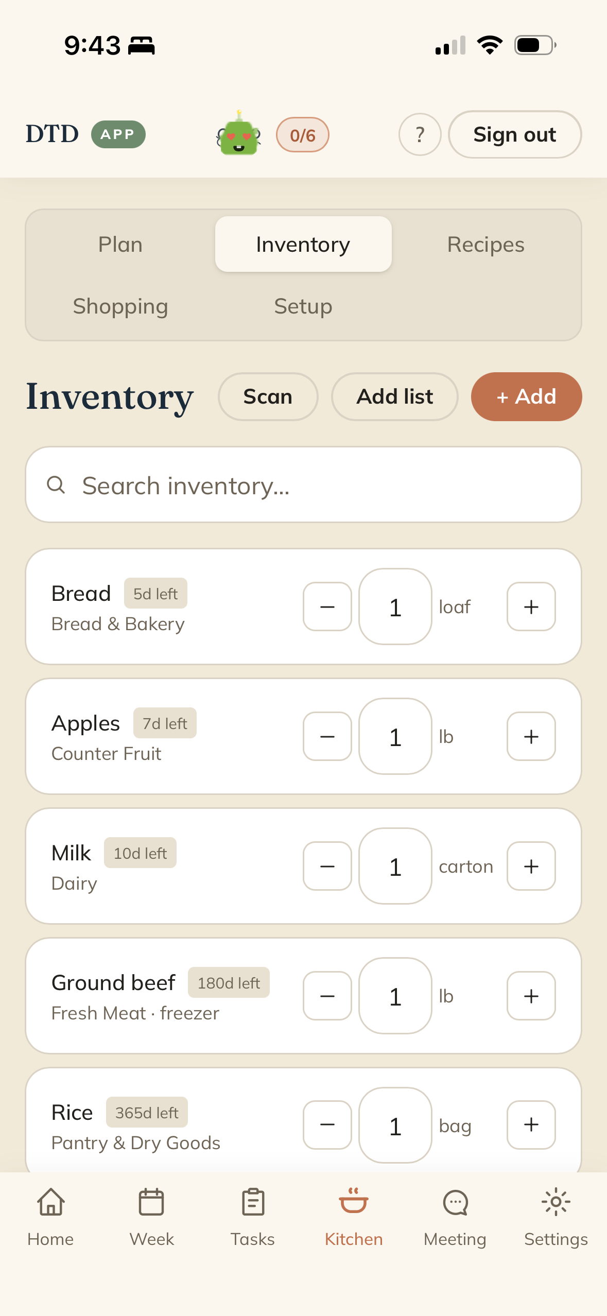Kitchen — the shared inventory with freshness.