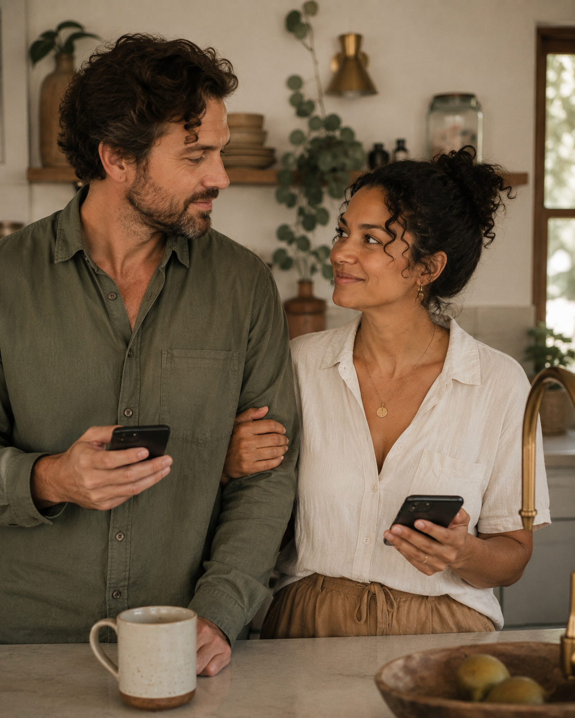 Two partners sharing the household load, phones in hand.